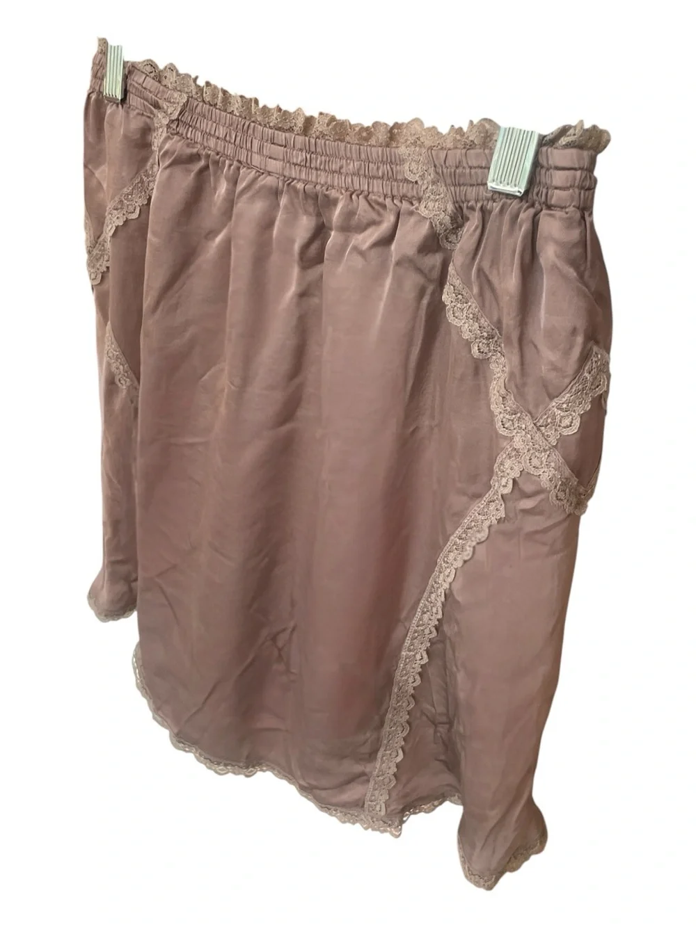 Anthropologie Mauve Brown Silky Lace Trim Mini Skirt Elastic Waist Lined XS